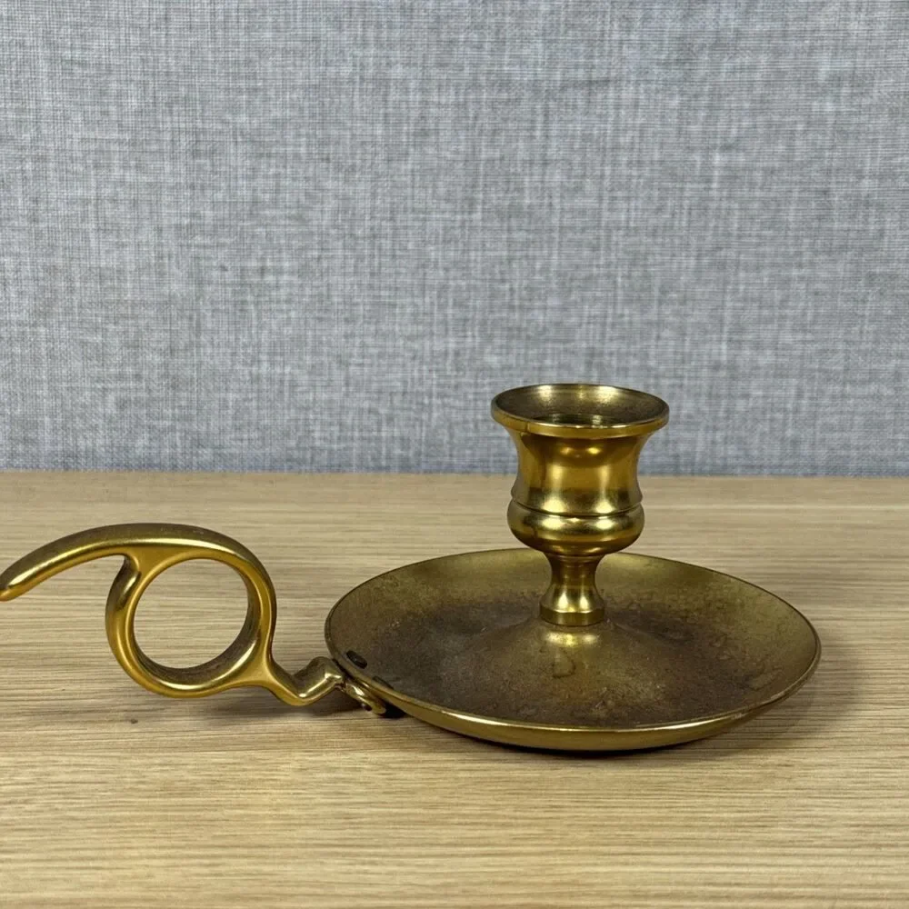 Vintage Solid Brass Chamberstick Candle Holder Finger Loop Colonial Taper Rare